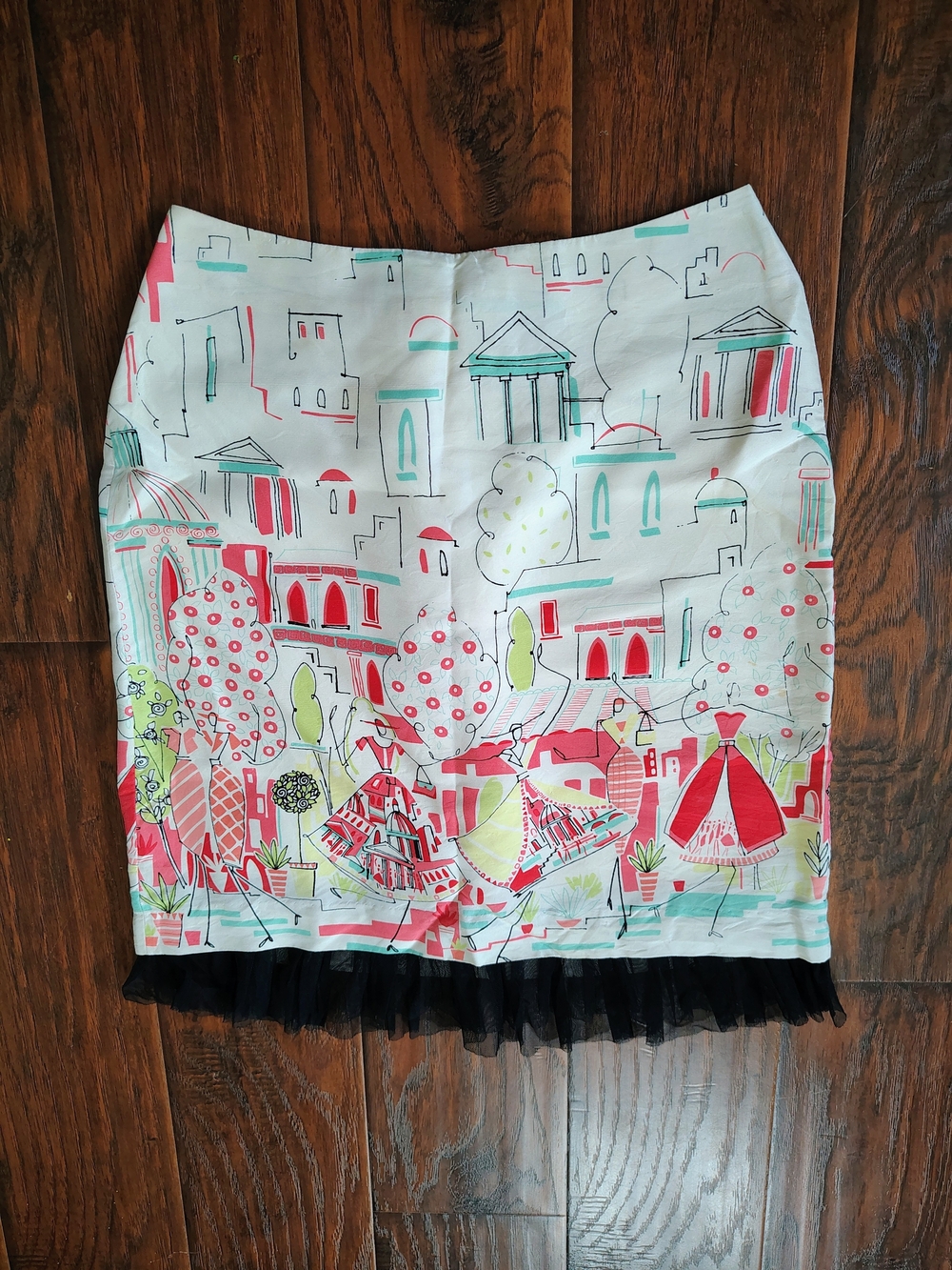 Printed White Cityscape Pencil Skirt with Black Tulle Hem